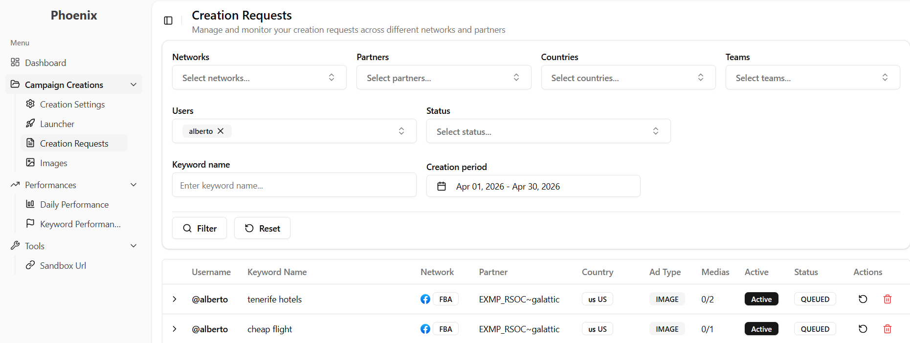 Creation requests screenshot